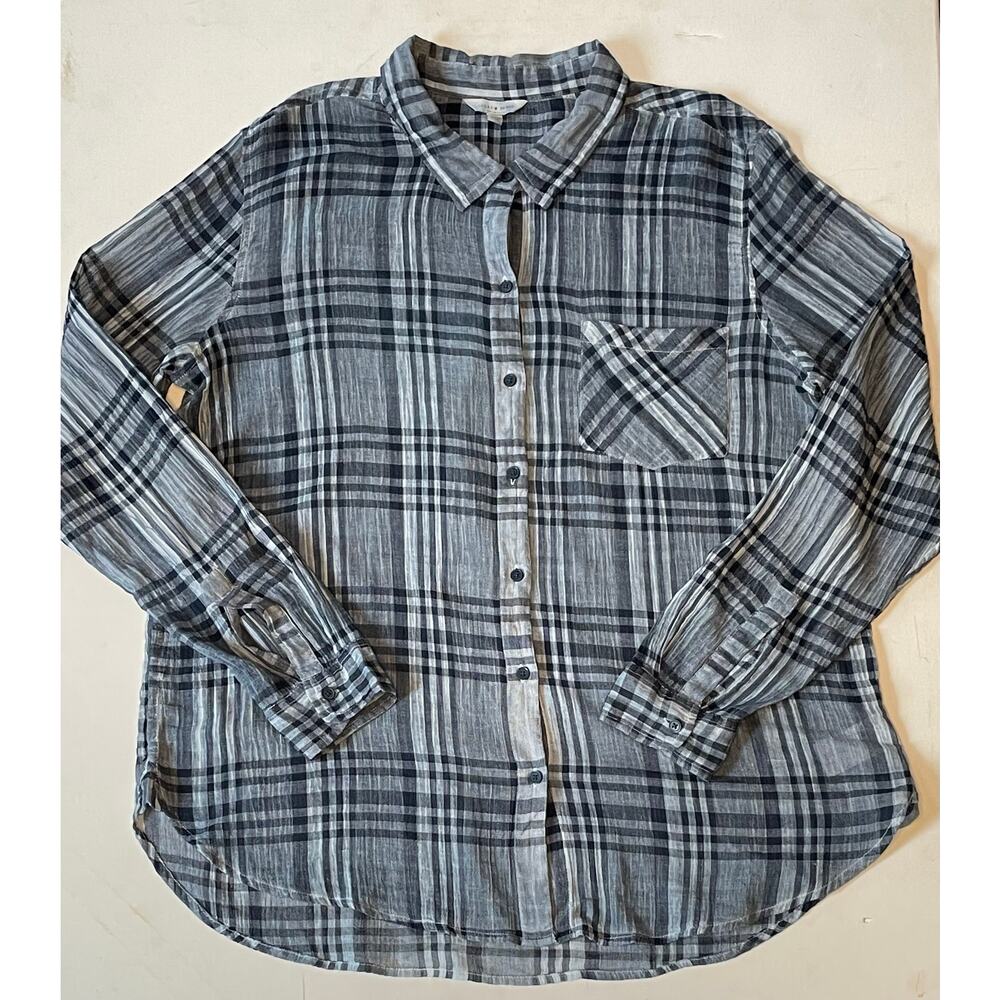 Lucky Brand Plaid Button Down Women L Blue White 100% Cotton Grunge Lightweight